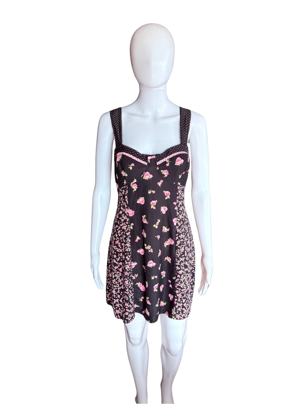 Y2K Vintage Bisou Bisou Black Cottage Core Slip Dress with Pink Floral Print XL